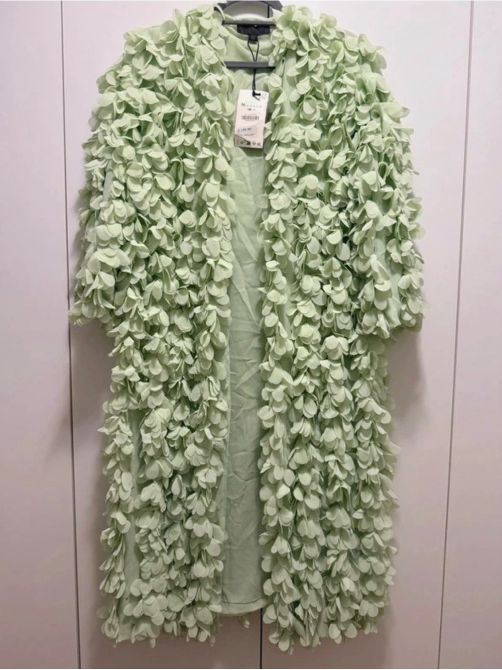 Zara Light Green Petal-Appliqué Open Front Coat